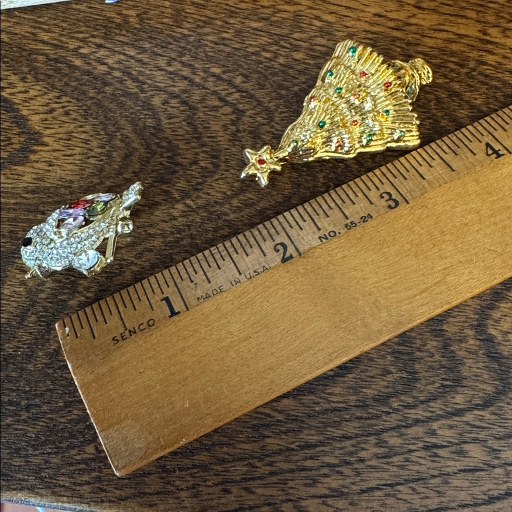 Gold Christmas Tree and Bird Brooch Set - Picture 3 of 4